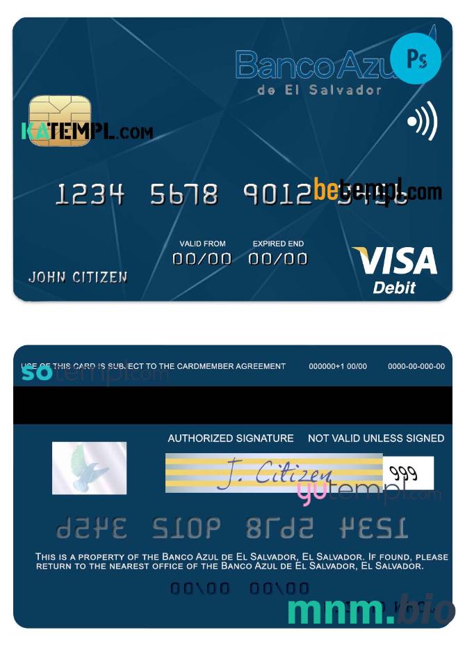 El Salvador Banco Azul de El Salvador visa debet szablon karty in PSD format